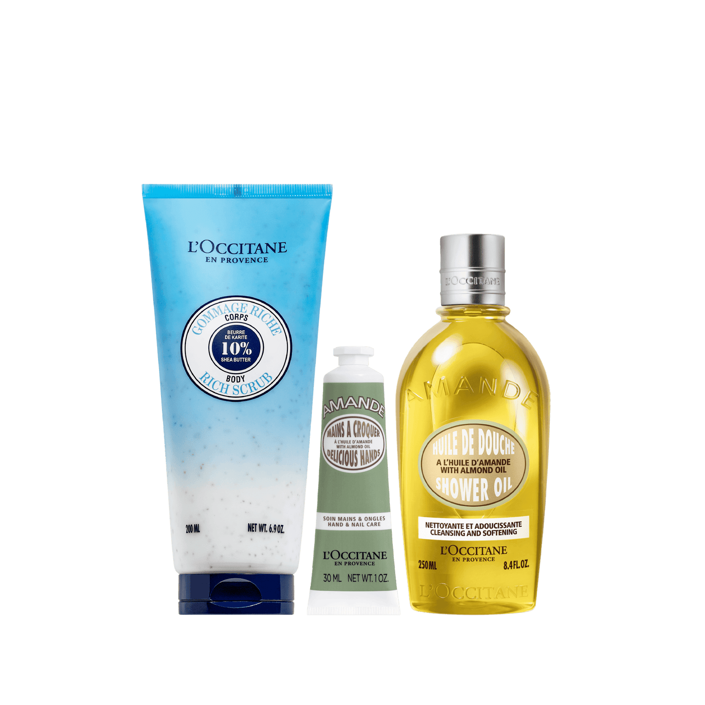 kit almendra perfecto, ideal para el cuidado corporal. ducha, exfoliante y crema de manos.