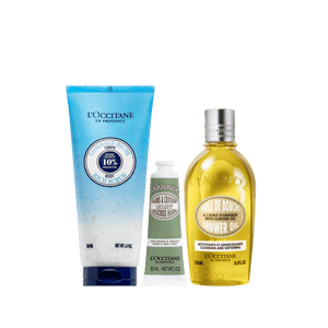 kit almendra perfecto, ideal para el cuidado corporal. ducha, exfoliante y crema de manos.